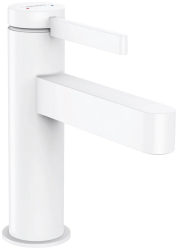 Смеситель для раковины Hansgrohe Finoris 100, однорычажный, фиксированный излив, длина излива 12,6 см, керамический, латунь, цвет матовый белый, со сливным клапаном Push-Open Смеситель для раковины Hansgrohe Finoris 100, однорычажный, фиксированный излив, длина излива 12,6 см, керамический, латунь, цвет матовый белый, со сливным клапаном Push-Open