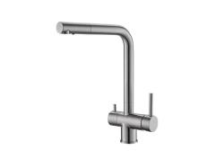 Смеситель для кухни ALVEUS AQUILA SAT двухрычажный, поворотный, керамический, с высоким вращающимся изливом, высота излива 27,6 см, латунь, цвет нержавеющая сталь, с подключением к фильтру чистой воды