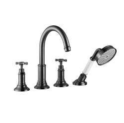 Смеситель для ванны Axor Montreux двухвентильный, с крестообразными рукоятками, монтаж на борт ванны, скрытый, длина излива 19,6 см, латунь, цвет шлифованный черный хром, с душевым шлангом/лейкой, на 4 отверстия, для 2-х потребителей