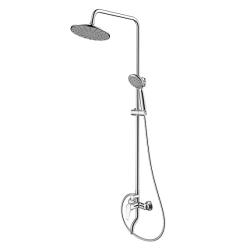 Душевая система Dorff Prime, высота 900-1170 мм, цвет хром, комплект: смеситель/излив/тропический душ круглый (с верхней лейкой)/стойка/лейка/шланг, латунь/пластик