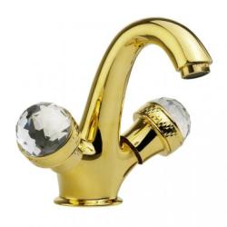 Смеситель для раковины Migliore Axo Swarovski, двухвентильный, излив короткий, неповоротный, длина 130 мм, керамический, латунь, цвет золото