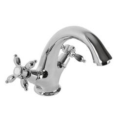 Смеситель для раковины Cezares Nostalgia, двухвентильный, низкий, длина излива 116 мм, неповоротный, керамический, латунь, цвет хром, с донным клапаном