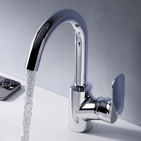 Смеситель для раковины/умывальника AM.PM Like, однорычажный, поворотный, керамический, длина излива 135 мм, латунь, цвет хром