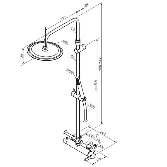 Душевая система Damixa Scandinavian Pure, высота 1050-1450 мм, цвет черный матовый, комплект: смеситель/тропический душ круглый (с верхней лейкой)/стойка/лейка/шланг, латунь/пластик