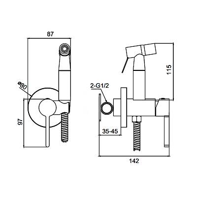 Смеситель с гигиеническим душем Splenka S221.52.05 встраиваемый, однорычажный, керамический, без излива, с гибким шлангом/лейкой, латунь/пластик, цвет сатин, нержавеющая сталь