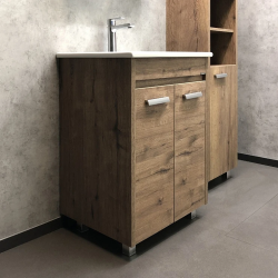 Тумба с раковиной Comforty Марио 60, 61х85,5х46,5 см, напольная, 2 распашные дверцы, ЛДСП, прямоугольная, цвет- дуб темный/раковина Quadro 60, прямоугольная, цвет белый, встраиваемая