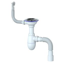 Сифон для мойки Unicorn 3.1/2*40 с круглым переливом, с чашкой из нержавеющей стали, с гибким отводом 40х40/50 мм, ручка пластик 