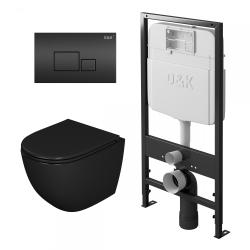 Комплект унитаза с инсталляцией D&K (унитаз Matrix подвесной, черный, безободковый, овальный (горизонтальный/в стену выпуск, сиденье  микролифт)/клавиши Quadro двойного смыва, черная, система для подвесного унитаза