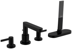 Смеситель для ванны Hansgrohe Finoris sBox на борт ванны, двухвентильный, неповоротный, латунный, длина излива 15,2 см, керамический, цвет матовый черный, с душевым шлангом 145 см, с лейкой, на 4 отверстия