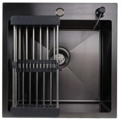 Мойка кухонная Siriusline, 50х50 см, врезная, нержавеющая сталь, квадратная, цвет: графит, с отверстием под смеситель, слив-перелив, без крыла в комплекте: мойка, коландер, дозатор, сифо