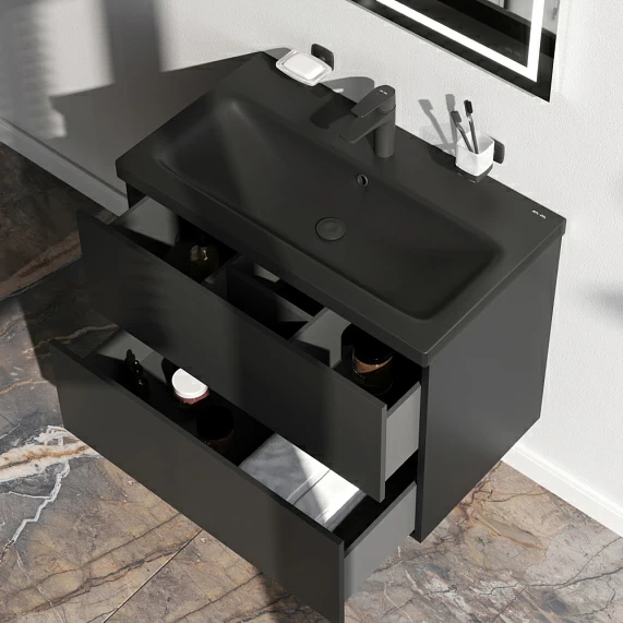 Тумба под раковину AM.PM Gem 75, 750x420x580 мм, подвесная, цвет черный матовый, 2 выдвижных ящика, под раковину/умывальник, прямоугольная, правая/левая, универсальная