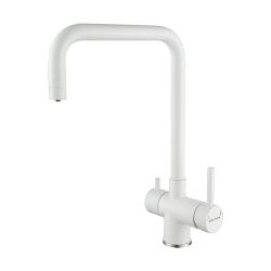 Смеситель для кухни/мойки Paulmark Wetter, с подключением к фильтру/биканальный, однорычажный, поворотный, керамический картридж, высокий, длина излива 220 мм, нержавеющая сталь, цвет белый матовый