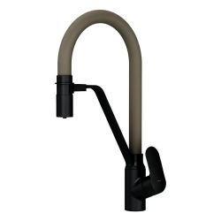 Смеситель для кухни/мойки AM.PM Like, с каналом для питьевой воды, однорычажный, поворотный, керамический картридж, высокий, гибкий излив, длина излива 219 мм, латунь, цвет черный/бежевый
