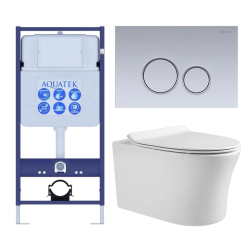 Комплект унитаза с инсталляцией Aquatek Ника (Сет) c сиденьем микролифт, с клавишей смыва (кнопкой, клавишей двойного смыва) хром матовый, клавиши круглые, комплект крепления
