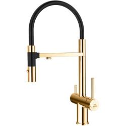 Смеситель для кухни/мойки ROSE однорычажный, с подключением к фильтру, гибкий излив, поворотный, высокий, длина 220 мм, латунь, цвет золото