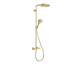 Душевая система Hansgrohe Raindance Select S Showerpipe 240 1jet PowderRain, высота 108 см, цвет полированное золото, комплект: верхний душ/ручной душ/термостат для душа/штанга для душа/держатель для душа, наружного монтажа, настенная, латунная
