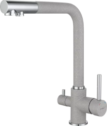 Смеситель для кухни/мойки GranFest, с подключением фильтра для питьевой воды, однорычажный, керамический картридж, высокий, с поворотным изливом, длина 218 мм, латунь, цвет серый