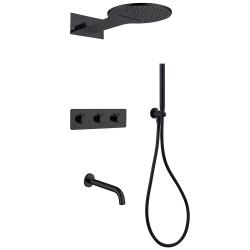 Душевая система ABBER Wasser Kreis встраиваемая, цвет черная матовая, комплект: термостатический смеситель/излив 200 мм/тропический душ (с верхней лейкой)/лейка/шланг, внутренний (скрытый) монтаж