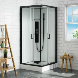 Душевая кабина Parly AMI, 90х90 см, поддон низкий, четверть круга, угловая, стекло прозрачное, заднее белое, (без гидромассажа), с крышей, профиль черный, закрытая