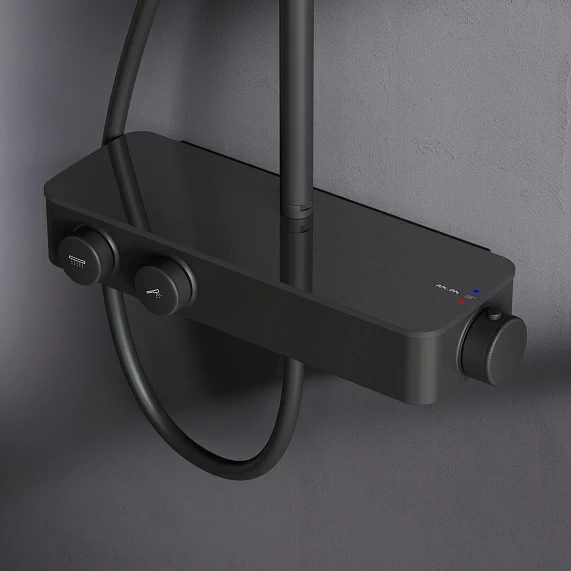 Душевая система AM.PM Inspire 2.0, высота 1030-1460 мм, цвет черный матовый, комплект: термостатический смеситель/тропический душ (с верхней лейкой)/стойка/лейка/шланг, латунь/нержавеющая сталь/пластик