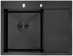 Мойка кухонная GERHANS 58х48х22 см, встраиваемая, нержавеющая сталь, прямоугольная, цвет графит, с отверстием под смеситель/под кран фильтр, с крылом справа, слив-перелив