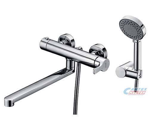 Смеситель для ванны/душа Wasserkraft Berkel однорычажный, керамический, настенный, излив поворотный 318 мм, с гибким шлангом, душем/лейкой, латунь, цвет хром, длинный, универсальный, горизонтальный, рычажный, кран, комплект, сантехника, размер