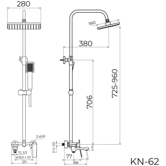 Душевая система Knotlor Muse, высота 1350 мм, цвет вороненая сталь, комплект: однорычажный смеситель/излив/тропический душ (с верхней лейкой)/стойка/лейка/шланг, наружного монтажа
