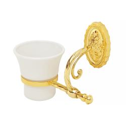 Стакан Migliore Edera, с держателем, настенный, латунь/керамика, форма округлая, для зубных щеток в ванную/туалет/душевую кабину, цвет золото/белый