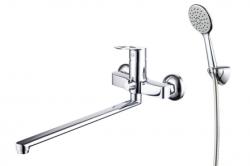 Смеситель для ванны/душа Zenta Райт однорычажный, хромированный, настенный, длинный излив 419 мм, поворотный, латунь, цвет хром