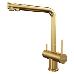 Смеситель для кухни/мойки TopZero 3в1, цвет золото,  L образный, однорычажный, с высоким изливом, высота излива 294 см, из нержавеющей стали c PVD