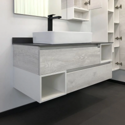 Тумба с раковиной Comforty Прага 120, 120х62,5х52 см, подвесная, 2 выдвижных ящика/открытые полки, ЛДСП, прямоугольная, цвет- дуб белый/серый/раковина COMFORTY 78189, прямоугольная, цвет белый, накладная