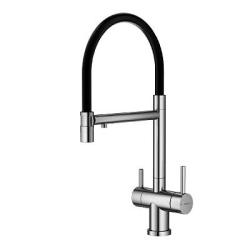 Смеситель для кухни/мойки Splenka S70.63.05 с подключением фильтра, однорычажный, поворотный/гибкий, керамический, излив 227 мм, высота излива 231 мм нержавеющая сталь/силикон, цвет сатин/черный