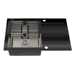Мойка кухонная Fabia Profi, 78х50 см, врезная, нержавеющая сталь/стекло, прямоугольная, цвет: сатин/черный, с отверстием под смеситель, слив-перелив, с крылом, оборачиваемая