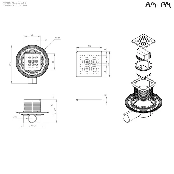 Сливной трап AM.PM MasterFlow 100х100/50 мм горизонтальный, цвет решетки черный матовый, решетка из нержавеющей стали, комбинированный затвор