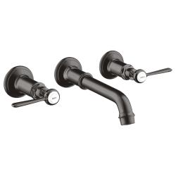 Смеситель для раковины Axor Montreux, на 3 отверстия, двухвентильный, с рычаговыми рукоятками, скрытого монтажа, настенный, фиксированный излив, длина излива 16,5-22,5 см, керамический, латунь, цвет шлифованный черный хром, незапираемый сливной набор