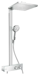 Душевая система Hansgrohe Raindance Select E Showerpipe 300 1jet EcoSmart, высота 106,6 см, цвет хром, комплект: верхний душ/ручной душ/термостат для душа/штанга для душа/держатель для душа, наружного монтажа, настенная, латунная, с термостатом
