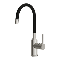 Смеситель для кухни/мойки Cersanit Melar однорычажный, поворотный/гибкий излив, керамический, высота 237 мм, длина 220 мм, нержавеющая сталь/силикон, цвет сатин/черный