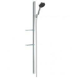 Душевой гарнитур Hansgrohe Rainfinity 130 3j EcoSmart, высота 150 см,  комплект: ручной душ/душевая штанга/мыльница/шланг для душа/ползунок, алюминиевый/стеклянный/пластиковый, цвет хром, наружного монтажа, настенный, для душа/ванной