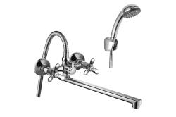 Смеситель для ванны/душа Rossinka, двухвентильный, настенный, керамический, поворотный, с длинным изливом 320 мм, латунь, цвет хром, для ванной