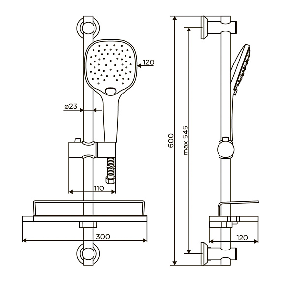Душевой гарнитур Dorff Prime высота 600 мм, цвет хром, без смесителя, комплект: стойка/лейка/шланг/полочка, настенная, латунь/пластик