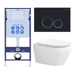 Комплект унитаза с инсталляцией Aquatek Лея (Сет) c сиденьем микролифт, с клавишей смыва (кнопкой, клавишей двойного смыва) черная, комплект крепления