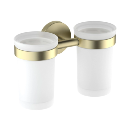 Стакан с держателем Aquatek Европа двойной, с держателем, настенный, латунь/стекло/нержавеющая сталь для зубных щеток в ванную/туалет/душевую кабину, цвет шлифованное золото