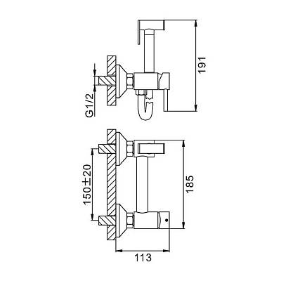 Смеситель с гигиеническим душем Splenka S99.51.07, настенный, однорычажный, керамический, без излива, с гибким шлангом/лейкой, латунь, цвет серый