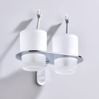 Стакан с держателем Raglo R300.08 двойной, с держателем, настенный, нержавеющая сталь/стекло, для зубных щеток в ванную/туалет/душевую кабину, цвет хром