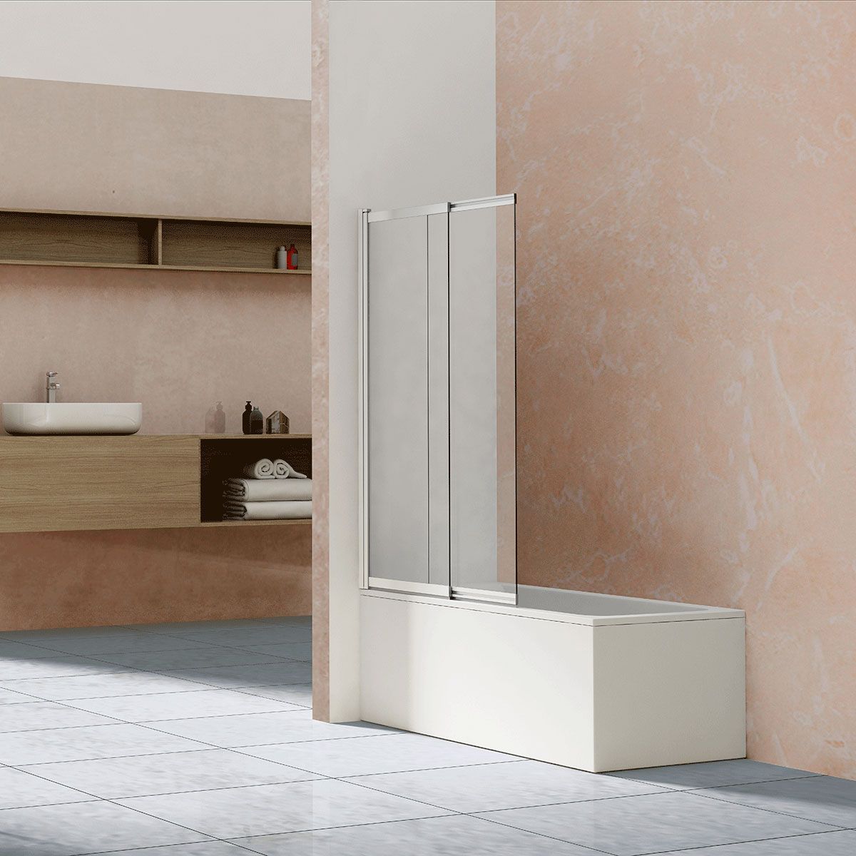 Шторка для ванны Vincea 100х145 см, стекло прозрачное, профиль хром, две секции, раздвижная дверь, плоская/ панель