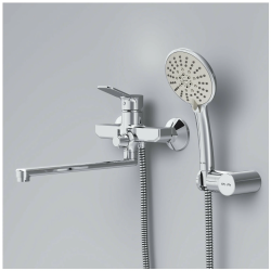 Смеситель для ванны/душа Am.Pm X-Joy однорычажный, хромированный, настенный, излив длинный, длина 300 мм, с аксессуарами, с шлангом/лейкой