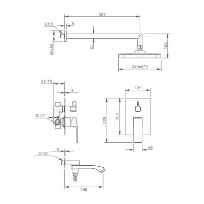 Душевая система Raglo R01.27.09 встраиваемая, цвет графит, комплект: однорычажный смеситель/излив/тропический душ прямоугольный (с верхней лейкой)/лейка/шланг, скрытый монтаж