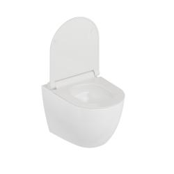 Унитаз подвесной Knotlor Essence белый, горизонтальный (в стену) выпуск, 360х345х490 мм с быстросъёмным сиденьем микролифт, дюропласт, безободковый, смыв торнадо, под скрытый бачок