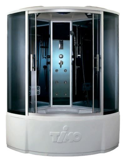 Душевая кабина 135x135х220 см TIMO Standart поддон высокий, полукруглая, с гидромассажем, с верхним душем, с сиденьем, стекло тонированное, заднее черное, сенсорная, смеситель, профиль, прозрачное стекло, белая, закрытая