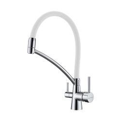 Смеситель для кухни/мойки Paulmark Siegen, с подключением к фильтру/биканальный, однорычажный, поворотный/гибкий излив, керамический картридж, высокий, длина излива 225 мм, латунь, цвет хром/белый